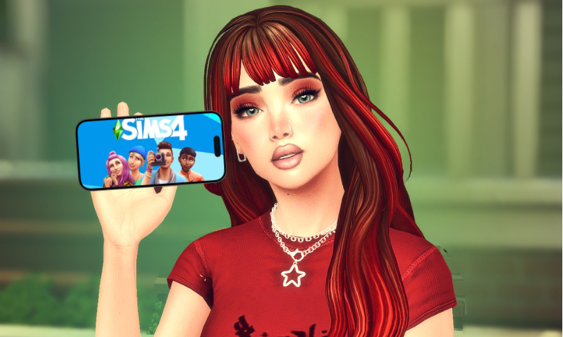 Personagem do Sims jogando The Sims 4 no celular